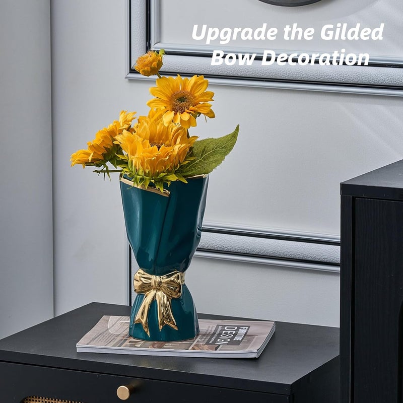 WLGRANJIA Bow Vase for Home Decor, Gold Vase for Boho Style, 9.65 Inch Large Vases for Ideal Table Decor, Living Room. Ceramic Flower Vases. （Glazed Exterior and Interior） (Green, Large) - Image 2